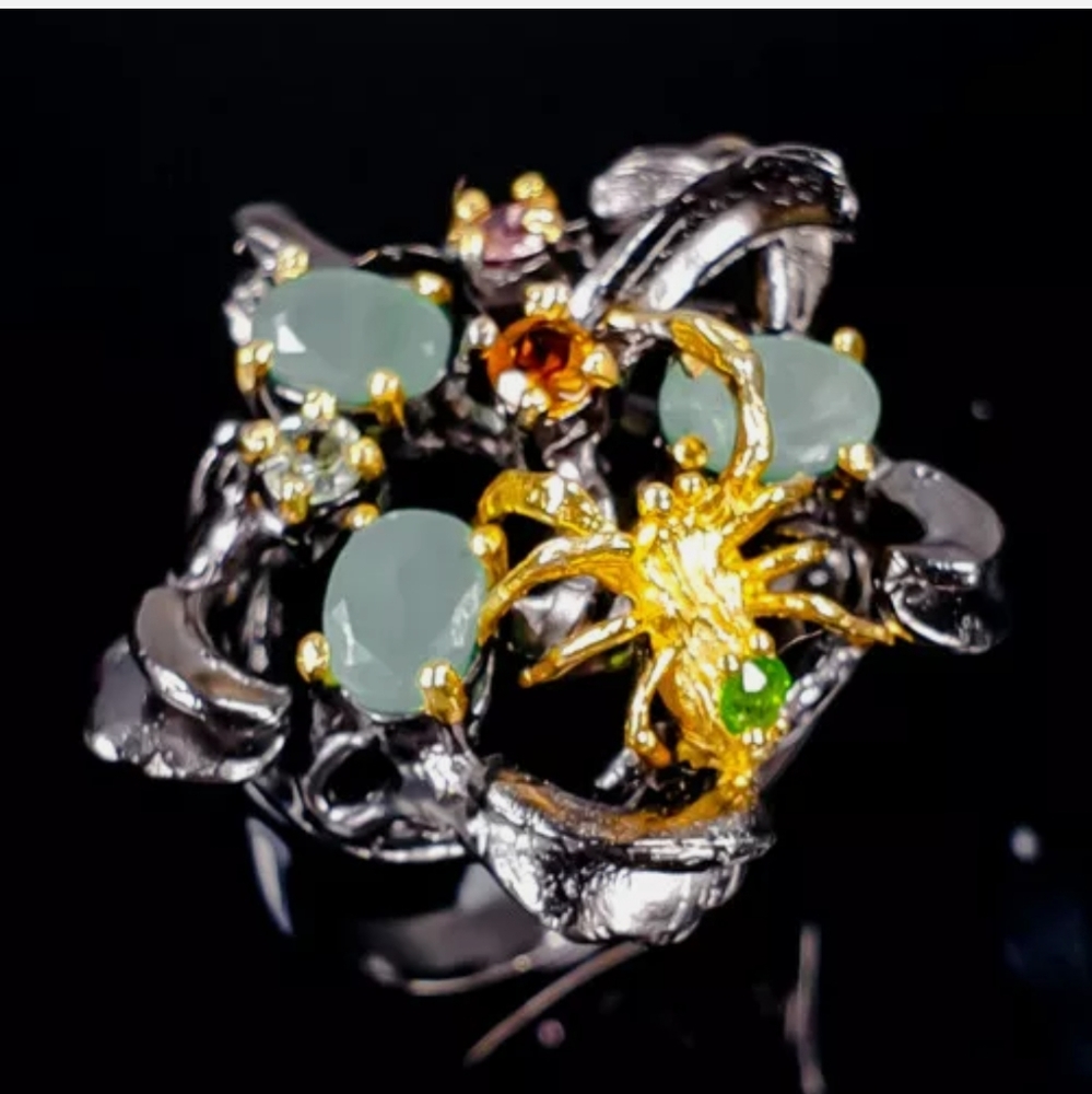 Emerald Peridot Tourmaline citrine aquamarine spider sterling silver ring sz9 - Picture 9 of 15